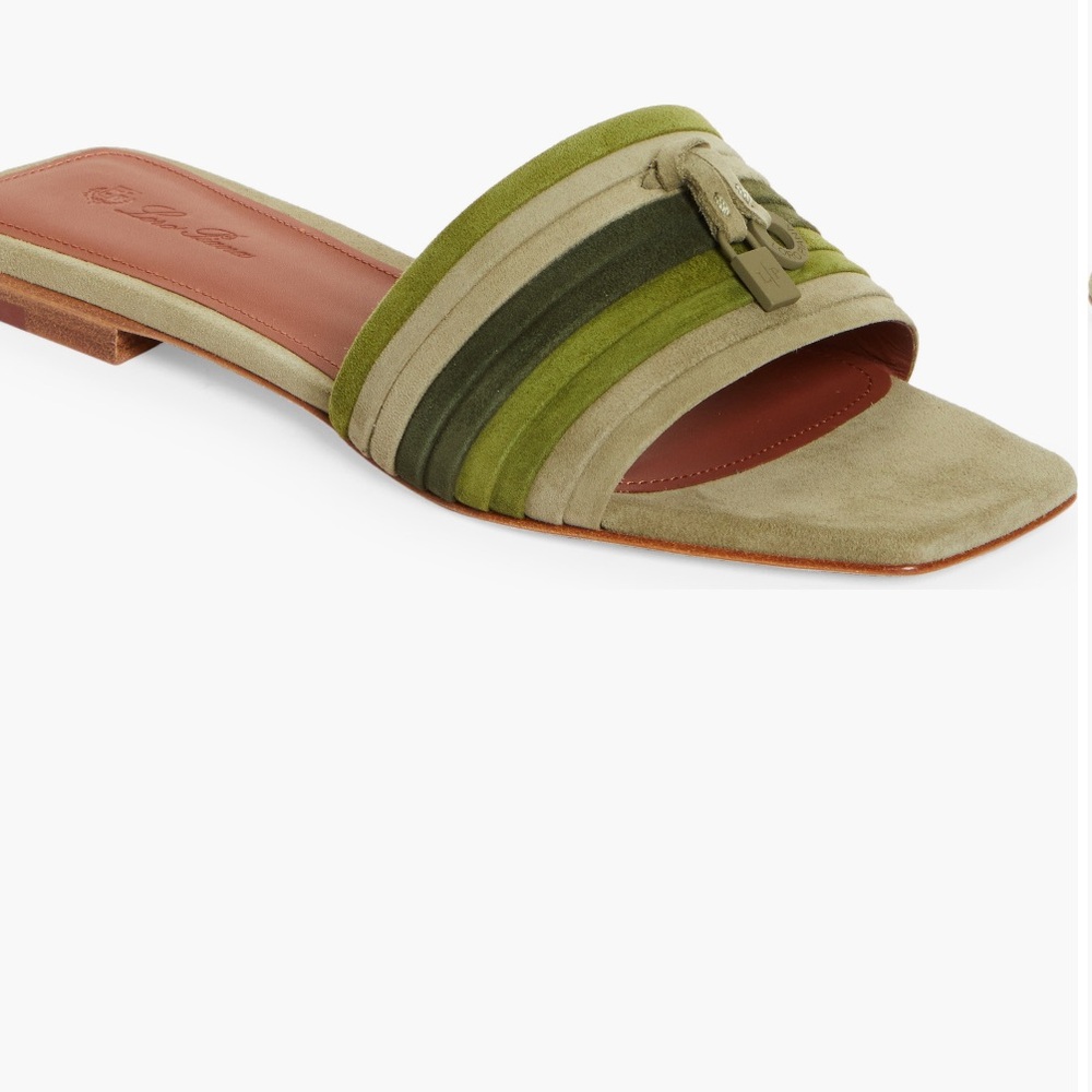 BNIB Woman Loro Piana Charms Pleated Slide Sandal Green Fancy Matcha Tea Size 5